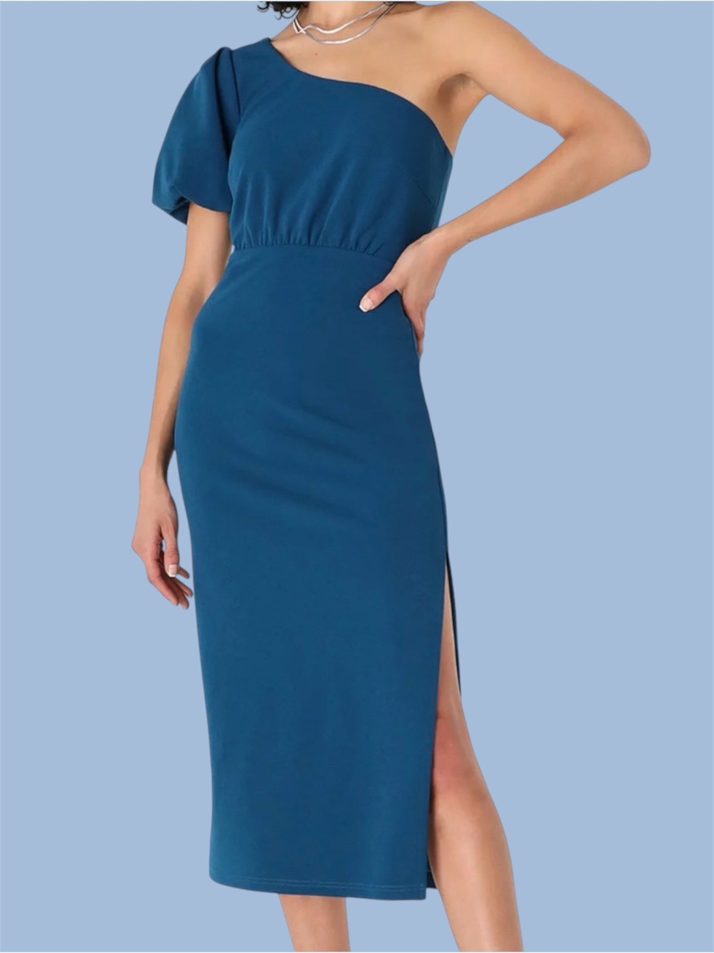 Lulus Ultimate Poise Teal Blue One-Shoulder Midi Dress with‎ Balloon Sleeve